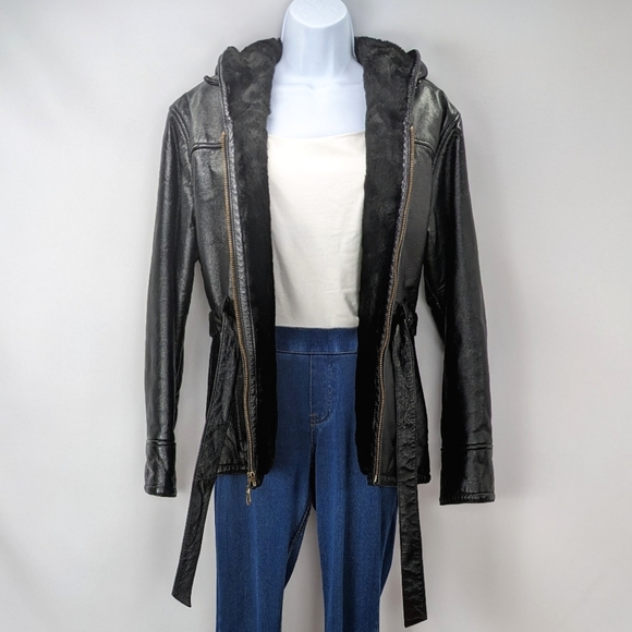 Wilsons Leather Jackets & Blazers - VINTAGE Size S (4-6) Wilsons Leather Black Leather Faux-Fur Hooded Belted Coat
